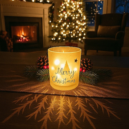 Світлодіодна декорація DynaMax Deco Glas на батарейках з принтом "Merry Christmas з зірками та ялинками"