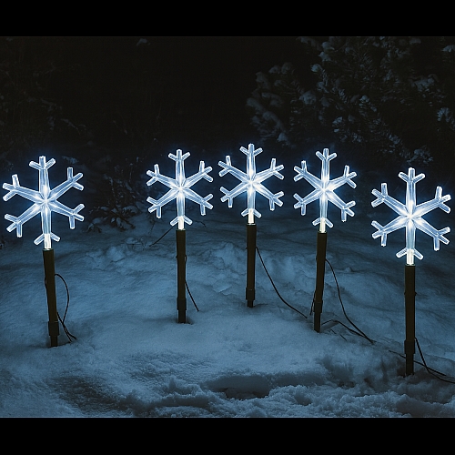 Набір садових світильників Сніжинки 5шт. LED, батарейки, таймер 6 годин, холодний білий