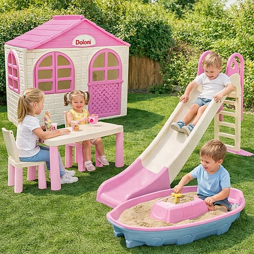 Великий ігровий майданчик ТМ Doloni Будиночок XL, гірка велика 243 см, пісочниця, стіл та два стільці, рожево-молочний