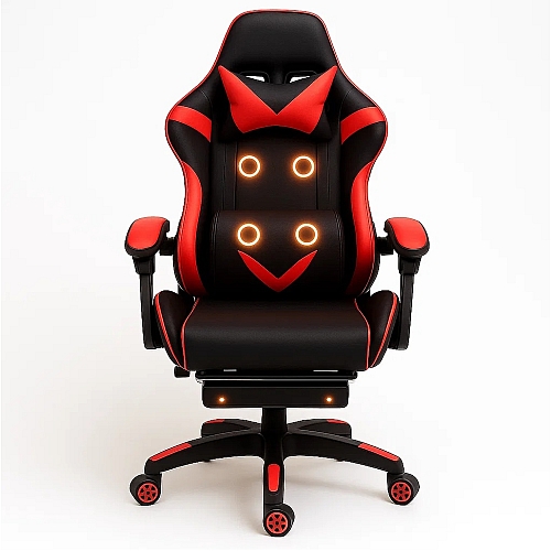 Крісло геймерське Gamery професійне з массажером та підставкою для ніг чорно-червоне комп'ютерне ігрове