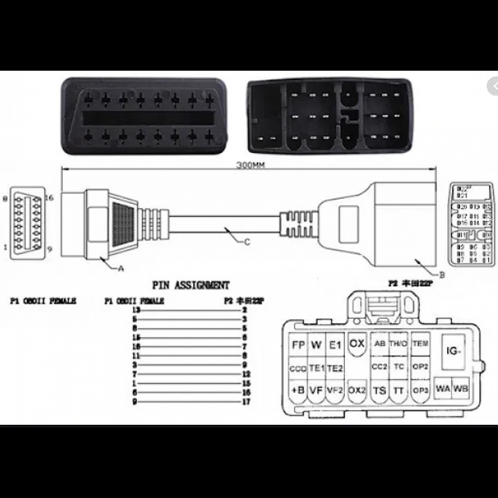 Перехідник для сканера Toyota Тойота 22 Pin -> OBD 2 ELM327 адаптер Перехідник для сканера Toyota Тойота 22 Pin -> OBD 2 ELM327 адаптер