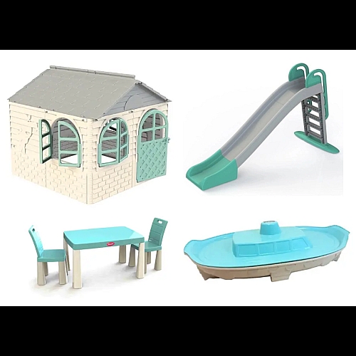 Великий ігровий майданчик Набір дитячий ТМ Doloni (будиночок, гірка, пісочниця, стіл та стільці) сіро-бірюзовий