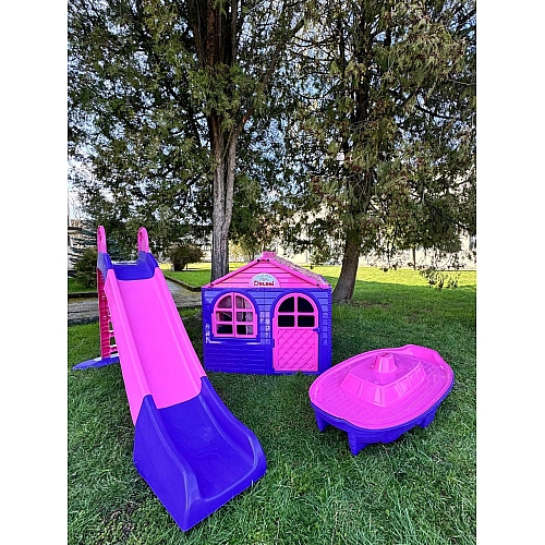 Набір дитячий ТМ Doloni Будиночок XL, пісочниця, гірка велика 243 см, рожево-фіолетовий