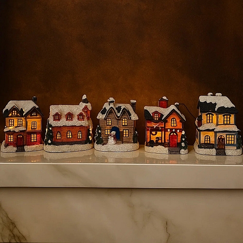 Різдвяний декоративний набір "Будиночки" Melinera 5 шт на батарейках, LED, таймер, з червоними будиночками