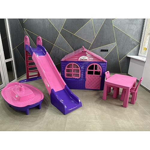 Великий ігровий майданчик Набір дитячий ТМ Doloni (будиночок, гірка, пісочниця, стіл та стільці) рожево-фіолетовий
