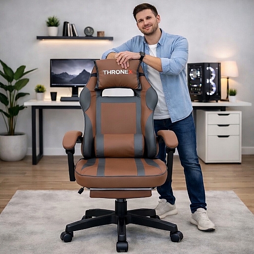 Дизайнерське геймерське крісло до 130 кг з масажною подушкою, підніжкою ThroneX коричневе з графітом PVC 005