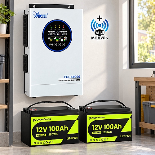 4,0 кВт LiFePO4 Комплект резервного живлення інвертор Anern Wi-Fi + 2 Акумулятори 12V/100Ah CyperOcean для будинку, квартири