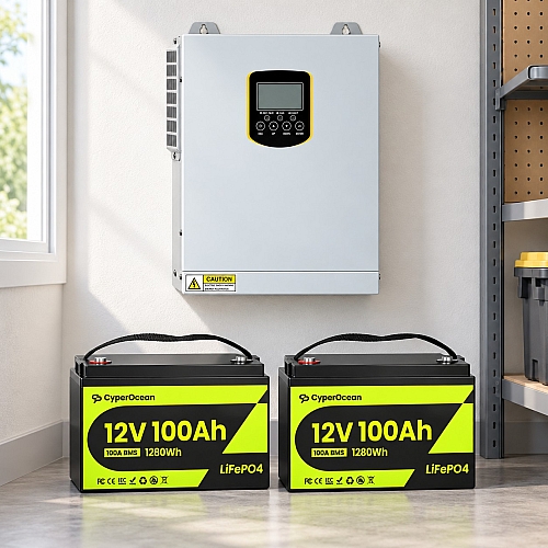 3,5 кВт LiFePO4 Комплект резервного живлення Інвертор Daxtromn + 2 акумулятора 12V 100Ah CyperOcean для квартири, будинку