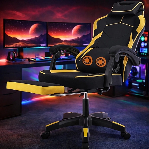 Ігрове крісло Vector KO48CZE з підніжкою та масажем, тканинне, Чорно-жовте