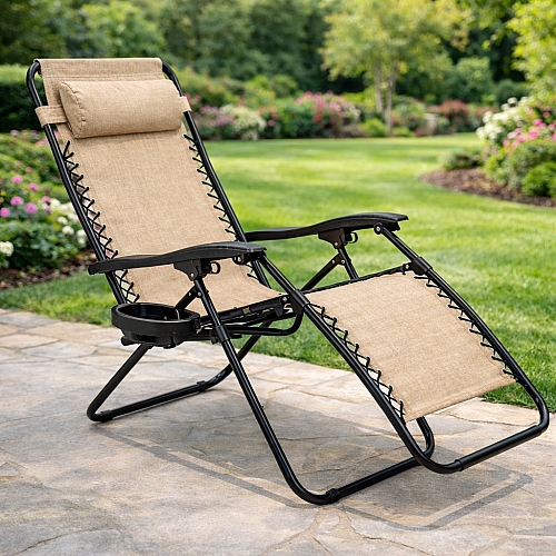 Шезлонг-лежак з підстаканником Axeon, бежевий, складний з текстилену