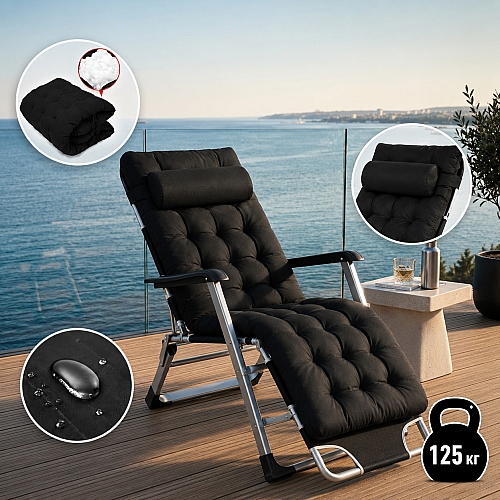 Садове пляжне крісло Ideal Garden Premium з матрацом та подушкою, до 125 кг, чорний, шезлонг для саду та тераси